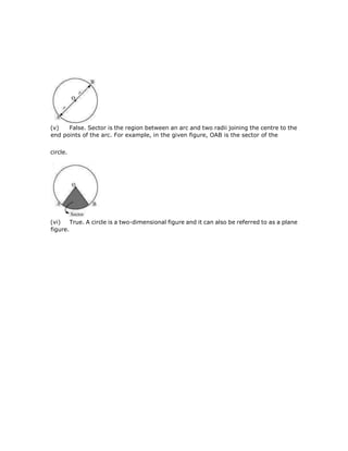 (v) False. Sector is the region between an arc and two radii joining the centre to the
end points of the arc. For example, in the given figure, OAB is the sector of the
circle.
(vi) True. A circle is a two-dimensional figure and it can also be referred to as a plane
figure.
 