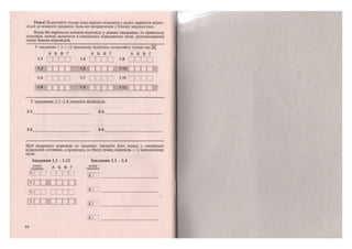 Увага! Відмічайте тільки один варіант відповіді у рядку варіантів відпо-
відей до кожного завдання. Будь-які виправлення у бланку недопустимі.
Якщо Ви вирішили змінити відповідь у деяких завданнях, то правильну
відповідь можна зазначити в спеціально відведеному місці, розташованому
внизу бланка відповідей.
У завданнях 1.1-1.12 правильну відповідь позначайте тільки т а к : ^
А Б В Г А Б В Г А Б В Г
1.1 П Г У 1 П 1 1.5 П Г 1 П П 1.9 П Г " ] Ї " " І П•.—•'.—•'.——• — — • 1...Л-.
« ю х о і
-б
і:п::с 1
-1
° п і :
1 3
І..Л..Л...І• 17 •...і .... 1 1 1 • • ••
" О Х Е Ї 18
• с а х о
У завданнях 2.1-2.4 упишіть відповідь.
2.1 . 2.3.
2.2. 2.4.
Щоб виправити відповідь до завдання, запишіть його номер у спеціально
відведених клітинках, а правильну, на Вашу думку, відповідь — у відповідному
місці.
Завдання 1.1 -1.12
номер д г- • г
•завдання лл о • і
ш п [ і і х з
ШСЕЇ ЄХГГІ
ії"|! " 1і"| Г -:Г -1Г-
:—— • : •'.....•*.....•'. •
і З Х і ! Ш Х )
Завдання 2.1 - 2.4
номер
завдання
і 2їїі ""І
шп
....
н;;]
64
 