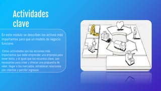 Actividades
clave
En este módulo se describen los activos más
importantes para que un modelo de negocio
funcione.
Estas actividades son las acciones más
importantes que debe emprender una empresa para
tener éxito, y al igual que los recursos clave, son
necesarias para crear y ofrecer una propuesta de
valor, llegar a los mercados, establecer relaciones
con clientes y percibir ingresos
 