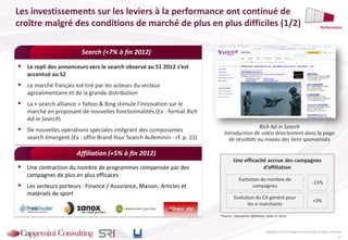 Le repli des annonceurs vers le search observé au S1 2012 s’est
accentué au S2
 Le marché français est tiré par les acteurs du secteur
agroalimentaire et de la grande distribution
 La « search alliance » Yahoo & Bing stimule l’innovation sur le
marché en proposant de nouvelles fonctionnalités (Ex : format Rich
Ad in Search)
 De nouvelles opérations spéciales intégrant des composantes
search émergent (Ex : offre Brand Your Search Aufeminin - cf. p. 15)
Search (+7% à fin 2012)
Rich Ad in Search
Introduction de vidéo directement dans la page
de résultats au niveau des liens sponsorisés
Copyright © 2013 Capgemini Consulting. All rights reserved.
Les investissements sur les leviers à la performance ont continué de
croître malgré des conditions de marché de plus en plus difficiles (1/2)
11
 Une contraction du nombre de programmes compensée par des
campagnes de plus en plus efficaces
 Les secteurs porteurs : Finance / Assurance, Maison, Articles et
matériels de sport
Affiliation (+5% à fin 2012)
*Source : baromètre Affiliation, bilan S1 2012
Performance
Une efficacité accrue des campagnes
d’affiliation
Evolution du nombre de
campagnes
Evolution du CA généré pour
les e-marchants
-15%
+3%
 