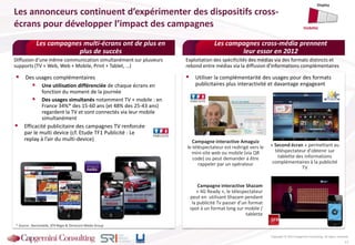 Copyright © 2013 Capgemini Consulting. All rights reserved.
17
Les campagnes multi-écrans ont de plus en
plus de succès
 Des usages complémentaires
 Une utilisation différenciée de chaque écrans en
fonction du moment de la journée
 Des usages simultanés notamment TV + mobile : en
France 34%* des 15-60 ans (et 48% des 25-43 ans)
regardent la TV et sont connectés via leur mobile
simultanément
Les campagnes cross-média prennent
leur essor en 2012
 Utiliser la complémentarité des usages pour des formats
publicitaires plus interactivité et davantage engageant
Campagne interactive Amaguiz
le téléspectateur est redirigé vers le
mini-site web ou mobile (via QR
code) ou peut demander à être
rappeler par un opérateur
Campagne interactive Shazam
« 4G Ready », le télespectateur
peut en utilisant Shazam pendant
la publicité Tv passer d’un format
spot à un format long sur mobile /
tablette
Diffusion d’une même communication simultanément sur plusieurs
supports (TV + Web, Web + Mobile, Print + Tablet, …)
Exploitation des spécificités des médias via des formats distincts et
rebond entre médias via la diffusion d’informations complémentaires
« Second écran » permettant au
téléspectateur d’obtenir sur
tablette des informations
complémentaires à la publicité
TV
Display
Visibilité
Les annonceurs continuent d’expérimenter des dispositifs cross-
écrans pour développer l’impact des campagnes
* Source : Baromobile, SFR Régie & Omnicom Media Group
 Efficacité publicitaire des campagnes TV renforcée
par le multi device (cf. Etude TF1 Publicité : Le
replay à l’air du multi-device)
 