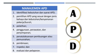 MANAJEMEN APD
1. identifikasi kebutuhan dan syarat APD;
2. pemilihan APD yang sesuai dengan jenis
bahaya dan kebutuhan/kenyamanan
pekerja/buruh;
3. pelatihan;
4. penggunaan, perawatan, dan
penyimpanan;
5. penatalaksanaan pembuangan atau
pemusnahan;
6. pembinaan;
7. inspeksi; dan
8. evaluasi dan pelaporan.
A
P
D
 