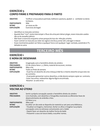 EXERCÍCIO 3
CORPO FIRME E PREPARADO PARA O PARTO
OBJETIVO
PARTICIPANTE
RITMO
EXPLICAÇÃO

Toniﬁcar a musculatura perineal, melhorar a postura, ajudam a combater as dores
lombares.
Mãe
30 vezes ao dia
Exercícios de kegel:

- Identiﬁcar os músculos corretos:
- Quando ﬁzer “xixi”, tente interromper o ﬂuxo da urina,sem deixar pingar, esses músculos usados
são os do assoalho pélvico.
- Não fazer o exercício enquanto urinar porque,há risco de infecção urinária.
- Fazer contrair os músculos ao redor da vagina e do ânus,contar até 5 devagar e relaxar.
- Esses movimentos podem ser feitos a qualquer hora e em qualquer lugar :sentada, assistindo à TV,
deitada na cama

TERCEIRO MÊS
EXERCÍCIO 1
E HORA DE DESENHAR
OBJETIVO
PRECISAMOS
PARTICIPANTES
RITMO
EXPLICAÇÃO

Imaginação com o hemisfério direito do cérebro
CD de música faixa 1, 2, Diário, material de escrever, revistas
Mãe e Pai
Todos os ﬁnais de semana
-O pai faz um desenho de uma criança,a mãe faz o mesmo desenho só que esta vez
ao contrário.
-O pai pode apresentar outros desenhos, a mãe devera sempre copiar ao contrario.
-Fazer rascunhos, redesenhar alguma ﬁgura encontrada.
-Resolver os sete erros

EXERCÍCIO 2
VOLTAR AO ÚTERO
OBJETIVO
PRECISAMOS

PARTICIPANTES
RITMO
EXPLICAÇÃO

Sentir a própria concepção usando o hemisfério direito do cérebro
Livro ilustrado, com desenhos e fotograﬁas mostrando as diferentes fases de
desenvolvimento do embrião e feto.
CD faixa 3 e 4
Mãe e pai
Escolher um dia onde se disponha do material ou sair para uma biblioteca.
- Visualizar as imagens, memorizar, fechar os olhos e imaginar tua própria
concepção como se estivesse comunicando com o bebê.
- Depois fazer um desenho da melhor forma do bebê.
- Pressentir o sexo do futuro bebê, e escolher nomes.

3

 