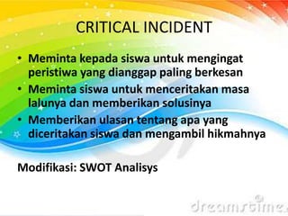 CRITICAL INCIDENT
• Meminta kepada siswa untuk mengingat
peristiwa yang dianggap paling berkesan
• Meminta siswa untuk menceritakan masa
lalunya dan memberikan solusinya
• Memberikan ulasan tentang apa yang
diceritakan siswa dan mengambil hikmahnya
Modifikasi: SWOT Analisys
 