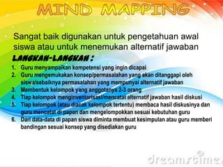 Langkah-langkah :
1. Guru menyampaikan kompetensi yang ingin dicapai
2. Guru mengemukakan konsep/permasalahan yang akan ditanggapi oleh
siswa/sebaiknya permasalahan yang mempunyai alternatif jawaban
3. Membentuk kelompok yang anggotanya 2-3 orang
4. Tiap kelompok menginventarisasi/mencatat alternatif jawaban hasil diskusi
5. Tiap kelompok (atau diacak kelompok tertentu) membaca hasil diskusinya dan
guru mencatat di papan dan mengelompokkan sesuai kebutuhan guru
6. Dari data-data di papan siswa diminta membuat kesimpulan atau guru memberi
bandingan sesuai konsep yang disediakan guru
Sangat baik digunakan untuk pengetahuan awal
siswa atau untuk menemukan alternatif jawaban
 