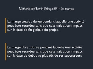 Méthode du Chemin Critique (5) - les marges 
La marge totale : durée pendant laquelle une activité 
peut être retardée sans que cela n’ait aucun impact 
sur la date de fin globale du projet. 
La marge libre : durée pendant laquelle une activité 
peut être retardée sans que cela n’ait aucun impact 
sur la date de début au plus tôt de ses successeurs 
 
