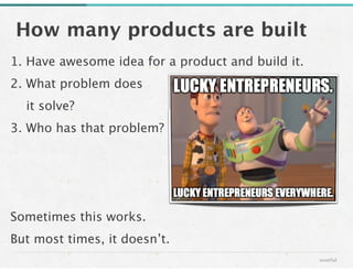 How many products are built
wonful
1. Have awesome idea for a product and build it. 
2. What problem does 

 it solve?
3. ...