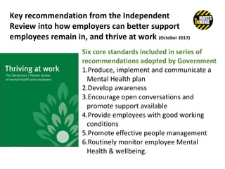 Key recommendation from the Independent
Review into how employers can better support
employees remain in, and thrive at work (October 2017)
Six core standards included in series of
recommendations adopted by Government
1.Produce, implement and communicate a
Mental Health plan
2.Develop awareness
3.Encourage open conversations and
promote support available
4.Provide employees with good working
conditions
5.Promote effective people management
6.Routinely monitor employee Mental
Health & wellbeing.
 