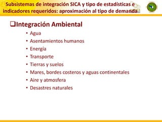Subsistemas de integración SICA y tipo de estadísticas e
indicadores requeridos: aproximación al tipo de demanda

Integración Ambiental
•
•
•
•
•
•
•
•

Agua
Asentamientos humanos
Energía
Transporte
Tierras y suelos
Mares, bordes costeros y aguas continentales
Aire y atmosfera
Desastres naturales

 