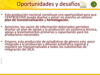 Oportunidades y desafíos
• Esta producción nacional constituye una oportunidad para que
CENTROESTAD pueda diseñar y poner en marcha un exitoso
plan de transversalización y homologación.
• Asimismo, los vacios de información detectados permiten
diseñar un plan de apoyo a la producción vía asistencia técnica,
apoyo a levantamientos primarios y capacitación para los
productores nacionales.

• Empero, esta producción de estadísticas de género esta poco
integrada a la producción y difusión estadística regional y
requiere ser transversalizada a todos los subsistemas de
integración del SICA.
•
•
•

 