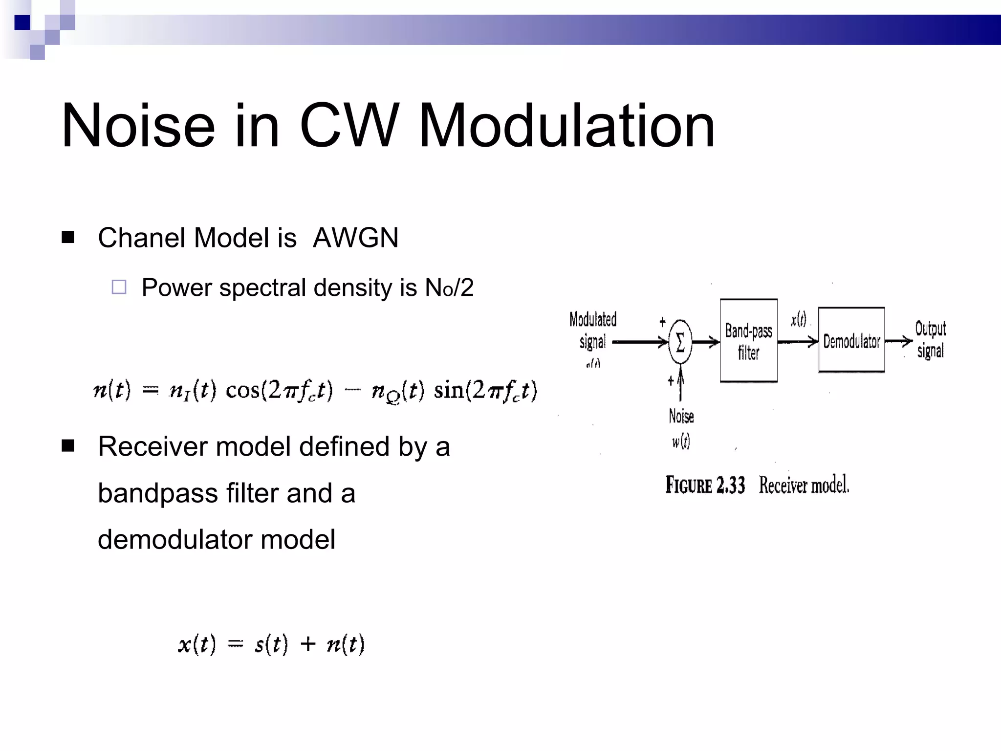 Noise in CW Modulation Chanel Model is  AWGN Power spectral density is N o /2 Receiver model defined by a bandpass filter and a demodulator model  