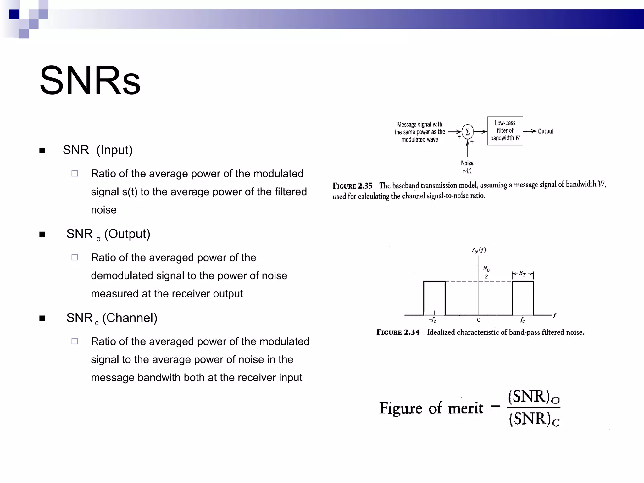 SNRs  SNR   I  (Input)  Ratio of the average power of the modulated signal s(t) to the average power of the filtered noise  SNR  o  (Output) Ratio of the averaged power of the demodulated signal to the power of noise  measured at the receiver output SNR  c  (Channel) Ratio of the averaged power of the modulated signal to the average power of noise in the message bandwith both at the receiver input 