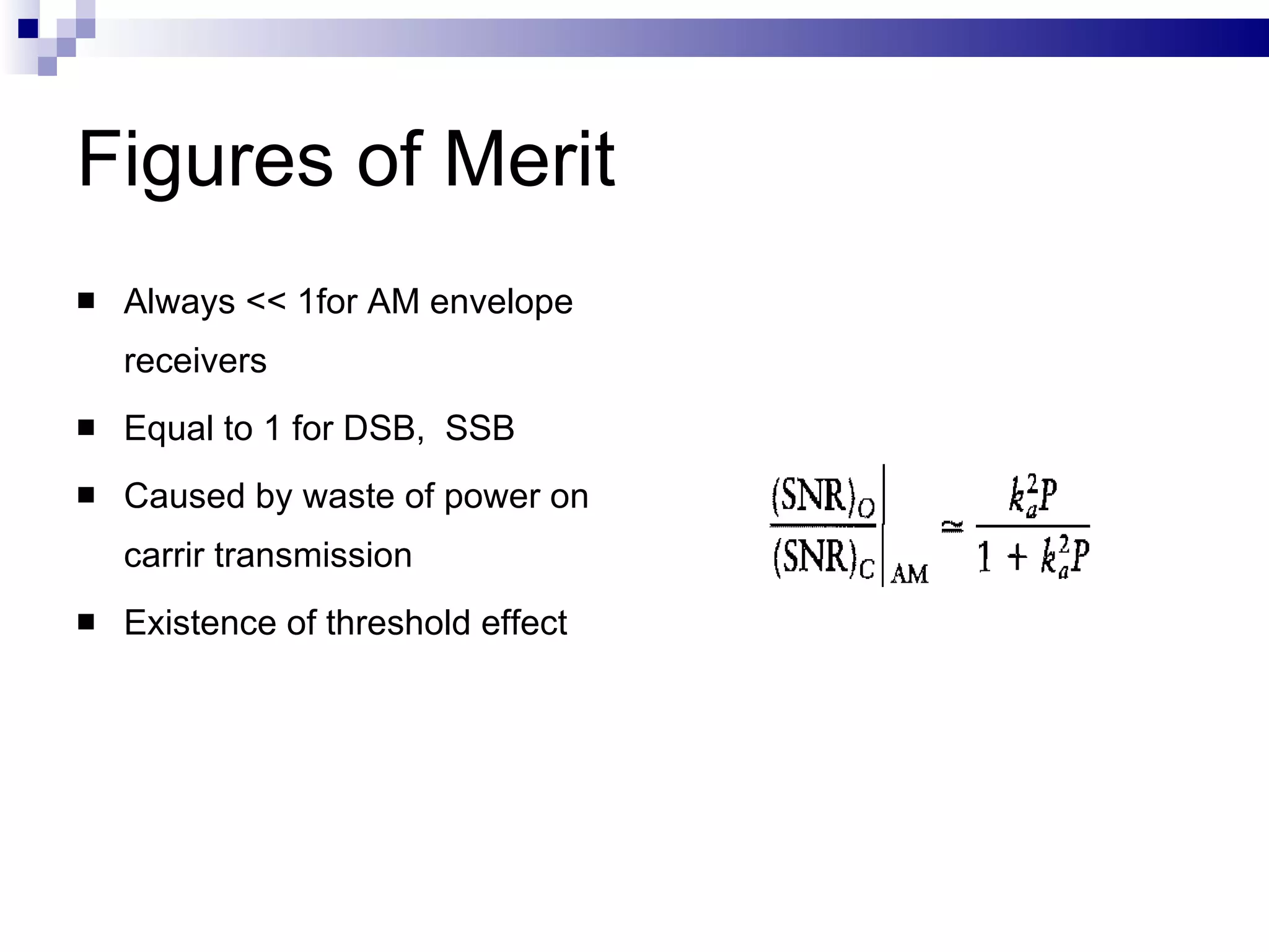 Figures of Merit Always << 1for AM envelope receivers Equal to 1 for DSB,  SSB Caused by waste of power on carrir transmission Existence of threshold effect 