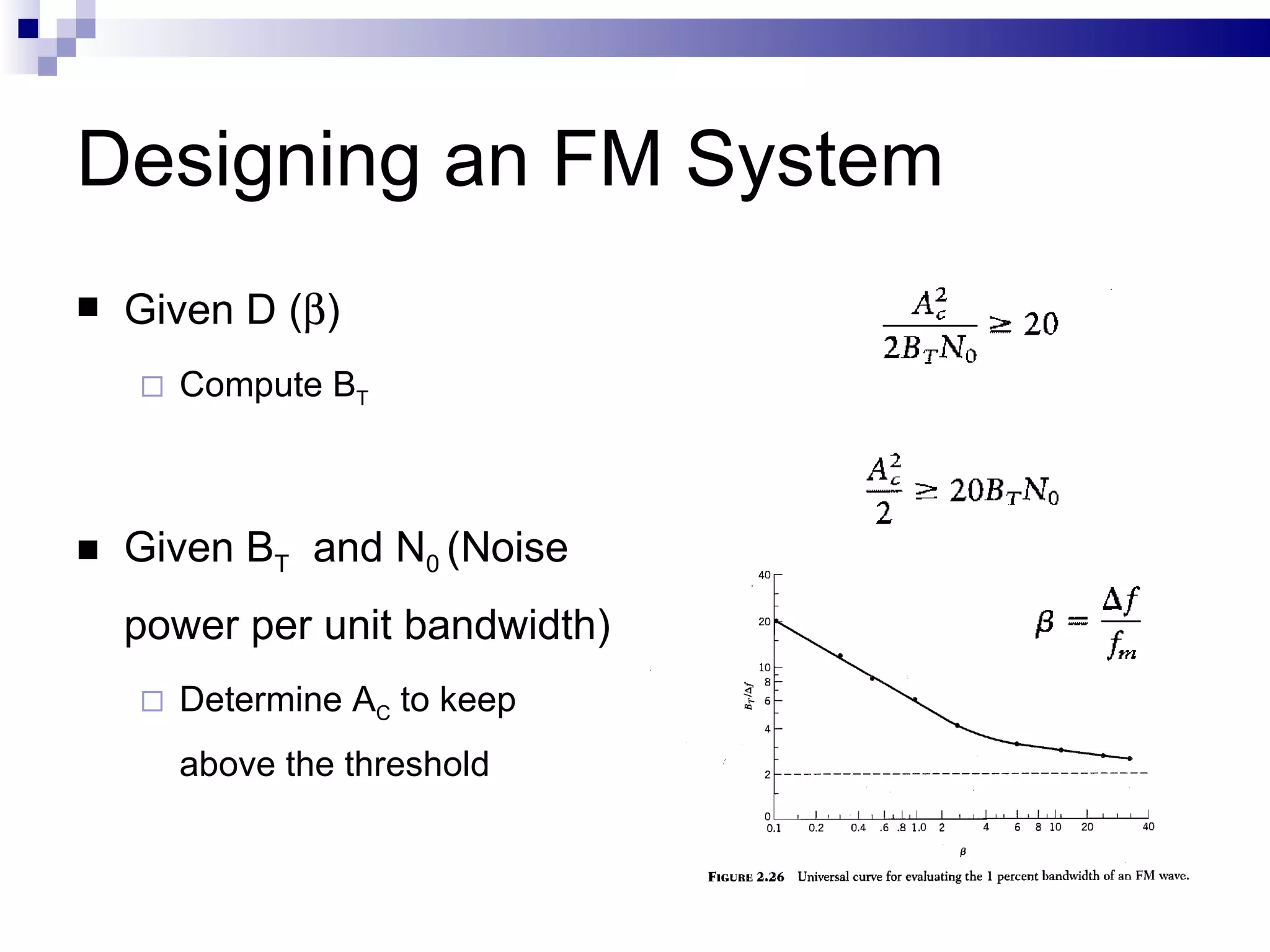 Designing an FM System Given D (  )  Compute B T Given B T   and N 0  (Noise power per unit bandwidth) Determine A C  to keep above the threshold 