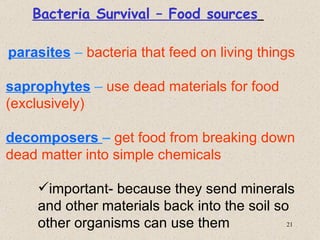Bacteria Survival – Food sources

parasites – bacteria that feed on living things

saprophytes – use dead materials for food
(exclusively)

decomposers – get food from breaking down
dead matter into simple chemicals

    important- because they send minerals
    and other materials back into the soil so
    other organisms can use them             21
 