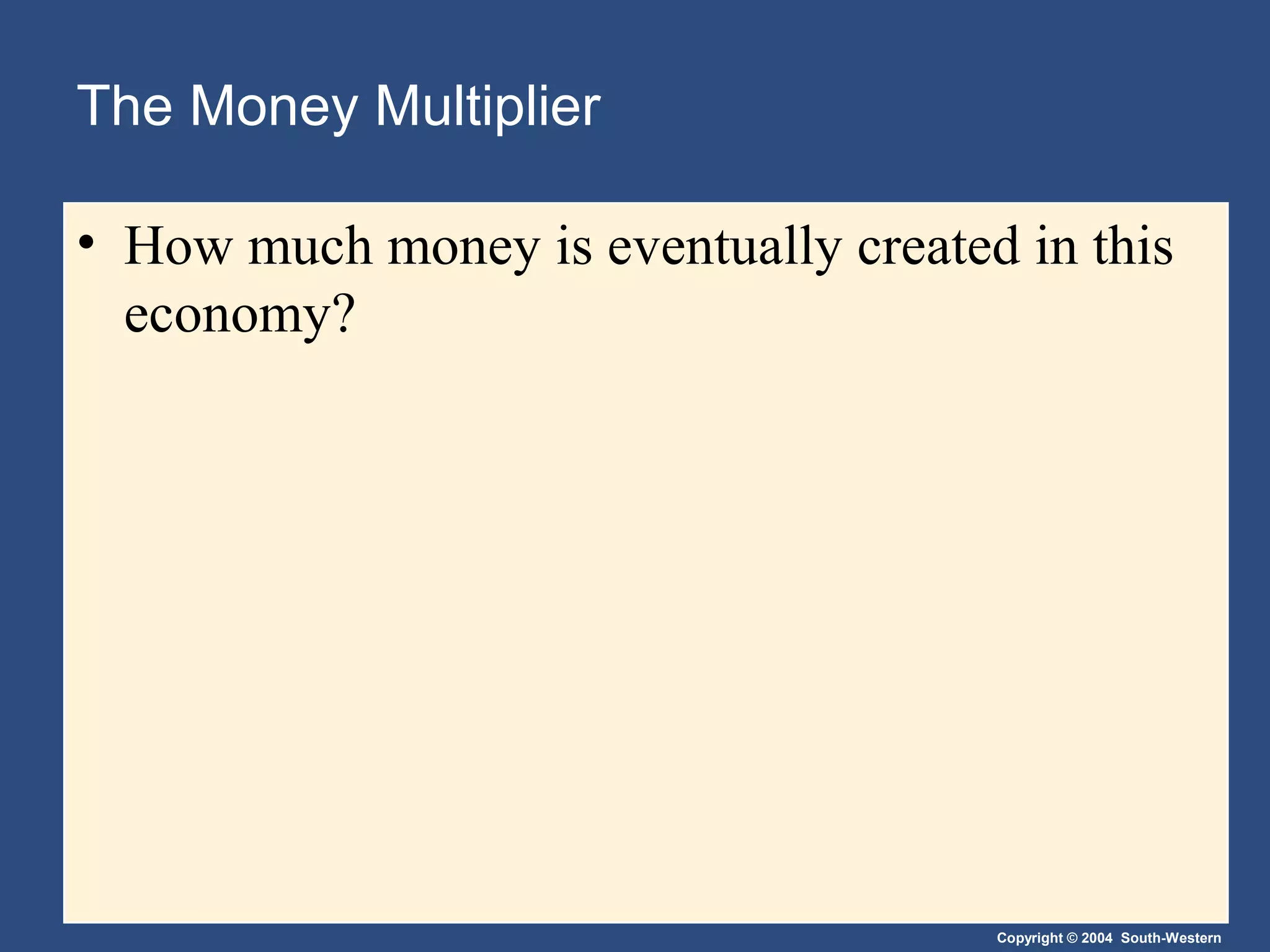 Copyright © 2004 South-Western
The Money Multiplier
• How much money is eventually created in this
economy?
 