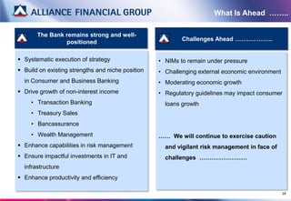 What Is Ahead ……..

       The Bank remains strong and well-
                                                           Challenges Ahead ……………….
                positioned

 Systematic execution of strategy                 • NIMs to remain under pressure
 Build on existing strengths and niche position   • Challenging external economic environment
  in Consumer and Business Banking                 • Moderating economic growth
 Drive growth of non-interest income              • Regulatory guidelines may impact consumer
     • Transaction Banking                           loans growth
     • Treasury Sales
     • Bancassurance
     • Wealth Management                           …… We will continue to exercise caution
 Enhance capabilities in risk management            and vigilant risk management in face of
 Ensure impactful investments in IT and             challenges ……………………
  infrastructure
 Enhance productivity and efficiency

                                                                                                 29
 