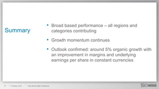17 October, 2013

Growth momentum continues

•

10

Broad based performance – all regions and
categories contributing

•

Summary

•

Outlook confirmed: around 5% organic growth with
an improvement in margins and underlying
earnings per share in constant currencies

Nine-Month Sales Conference

 