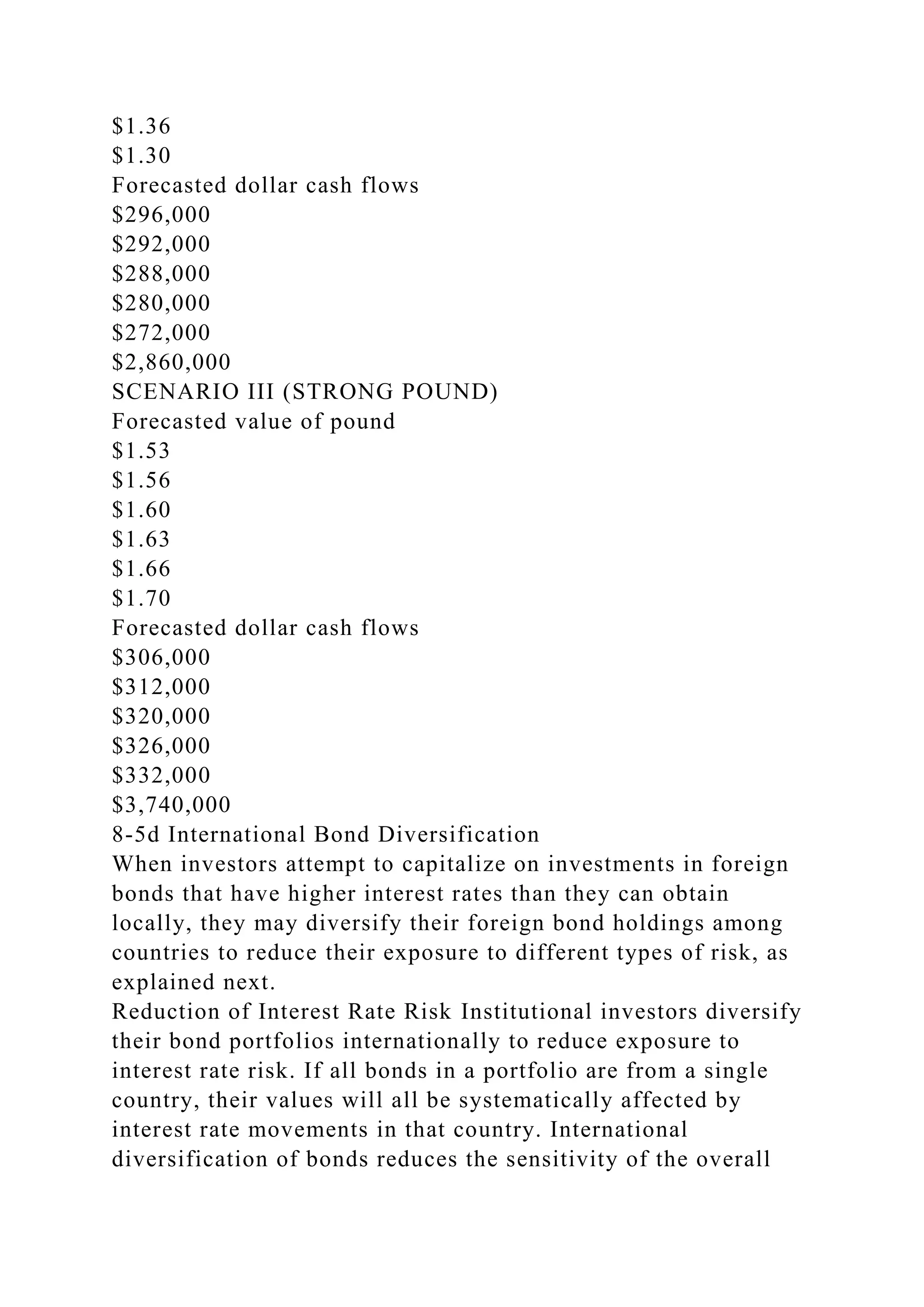 $1.36
$1.30
Forecasted dollar cash flows
$296,000
$292,000
$288,000
$280,000
$272,000
$2,860,000
SCENARIO III (STRONG POUND)
Forecasted value of pound
$1.53
$1.56
$1.60
$1.63
$1.66
$1.70
Forecasted dollar cash flows
$306,000
$312,000
$320,000
$326,000
$332,000
$3,740,000
8-5d International Bond Diversification
When investors attempt to capitalize on investments in foreign
bonds that have higher interest rates than they can obtain
locally, they may diversify their foreign bond holdings among
countries to reduce their exposure to different types of risk, as
explained next.
Reduction of Interest Rate Risk Institutional investors diversify
their bond portfolios internationally to reduce exposure to
interest rate risk. If all bonds in a portfolio are from a single
country, their values will all be systematically affected by
interest rate movements in that country. International
diversification of bonds reduces the sensitivity of the overall
 