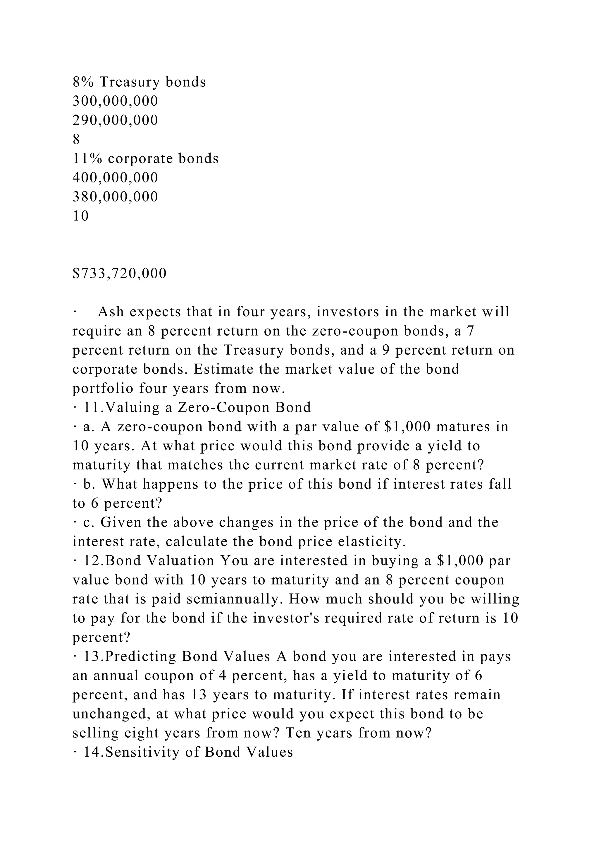 8% Treasury bonds
300,000,000
290,000,000
8
11% corporate bonds
400,000,000
380,000,000
10
$733,720,000
· Ash expects that in four years, investors in the market will
require an 8 percent return on the zero-coupon bonds, a 7
percent return on the Treasury bonds, and a 9 percent return on
corporate bonds. Estimate the market value of the bond
portfolio four years from now.
· 11.Valuing a Zero-Coupon Bond
· a. A zero-coupon bond with a par value of $1,000 matures in
10 years. At what price would this bond provide a yield to
maturity that matches the current market rate of 8 percent?
· b. What happens to the price of this bond if interest rates fall
to 6 percent?
· c. Given the above changes in the price of the bond and the
interest rate, calculate the bond price elasticity.
· 12.Bond Valuation You are interested in buying a $1,000 par
value bond with 10 years to maturity and an 8 percent coupon
rate that is paid semiannually. How much should you be willing
to pay for the bond if the investor's required rate of return is 10
percent?
· 13.Predicting Bond Values A bond you are interested in pays
an annual coupon of 4 percent, has a yield to maturity of 6
percent, and has 13 years to maturity. If interest rates remain
unchanged, at what price would you expect this bond to be
selling eight years from now? Ten years from now?
· 14.Sensitivity of Bond Values
 