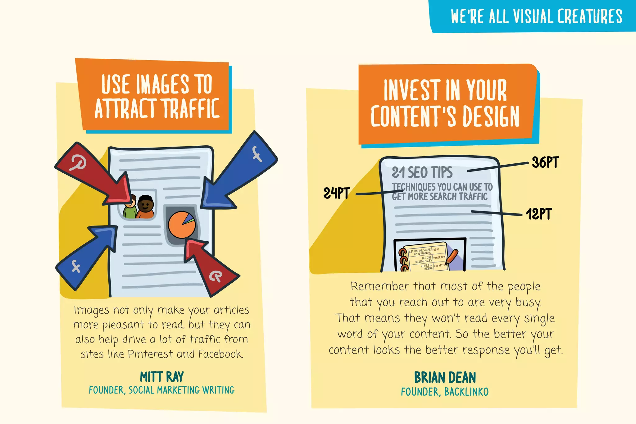 invest�in�your
content’s�design
Remember that most of the people
that you reach out to are very busy.
That means they won't read every single
word of your content. So the better your
content looks the better response you'll get.
brian dean
founder, backlinko
24pt
12pt
21 SEO TIPS
Techniques You Can Use to
Get More search Traffic
36pt
use�images�to
attract�traffic
Images not only make your articles
more pleasant to read, but they can
also help drive a lot of traffic from
sites like Pinterest and Facebook.
mitt ray
founder, social marketing writing
WE’RE�ALL�VISUAL�CREATURES
 