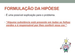 FORMULAÇÃO DA HIPÓESE
• É uma possível explicação para o problema.
• “Alguma substância está presente em todas as folhas
verdes e é responsável por lhes conferir essa cor.”.
 