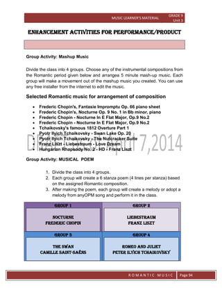 MUSIC LEARNER’S MATERIAL
GRADE 9
Unit 3
RO
R O M A N T I C M U S I C Page 94
ENHANCEMENT ACTIVITIES FOR PERFORMANCE/PRODUCT
Group Activity: Mashup Music
Divide the class into 4 groups. Choose any of the instrumental compositions from
the Romantic period given below and arrangea 5 minute mash-up music. Each
group will make a movement out of the mashup music you created. You can use
any free installer from the internet to edit the music.
Selected Romantic music for arrangement of composition
 Frederic Chopin's, Fantasie Impromptu Op. 66 piano sheet
 Frederic Chopin's, Nocturne Op. 9 No. 1 in Bb minor, piano
 Frederic Chopin - Nocturne In E Flat Major, Op.9 No.2
 Frederic Chopin - Nocturne In E Flat Major, Op.9 No.2
 Tchaikovsky's famous 1812 Overture Part 1
 Pyotr Ilyich Tchaikovsky - Swan Lake Op. 20
 Pyotr Ilyich Tchaikovsky - The Nutcracker Suite
 Franz Liszt - Liebestraum - Love Dream
 Hungarian Rhapsody No. 2 - HD - Franz Liszt
Group Activity: MUSICAL POEM
1. Divide the class into 4 groups.
2. Each group will create a 6 stanza poem (4 lines per stanza) based
on the assigned Romantic composition.
3. After making the poem, each group will create a melody or adopt a
melody from anyOPM song and perform it in the class.
GROUP 1
NOCTURNE
FREDERIC CHOPIN
GROUP 2
LIEBESTRAUM
FRANZ LISZT
GROUP 3
THE SWAN
Camille Saint-Saëns
GROUP 4
ROMEO AND JULIET
PETER ILYICH TCHAIKOVSKY
 