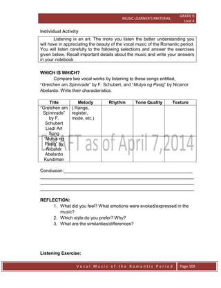 MUSIC LEARNER’S MATERIAL
GRADE 9
Unit 4
V o c a l M u s i c o f t h e R o m a n t i c P e r i o d Page 109
Individual Activity
Listening is an art. The more you listen the better understanding you
will have in appreciating the beauty of the vocal music of the Romantic period.
You will listen carefully to the following selections and answer the exercises
given below. Recall important details about the music and write your answers
in your notebook
WHICH IS WHICH?
Compare two vocal works by listening to these songs entitled,
“Gretchen am Spinnrade” by F. Schubert, and “Mutya ng Pasig” by Nicanor
Abelardo. Write their characteristics.
Title Melody Rhythm Tone Quality Texture
“Gretchen am
Spinnrade”
by F.
Schubert
Lied/ Art
Song
( Range,
register,
mode, etc.)
“Mutya ng
Pasig” by
Nicanor
Abelardo
Kundiman
Conclusion:____________________________________________________
______________________________________________________________
______________________________________________________________
______________________________________________________________
REFLECTION:
1. What did you feel? What emotions were evoked/expressed in the
music?
2. Which style do you prefer? Why?
3. What are the similarities/differences?
Listening Exercise:
 
