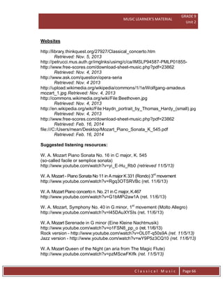 MUSIC LEARNER’S MATERIAL
GRADE 9
Unit 2
C l a s s i c a l M u s i c Page 66
Websites
http://library.thinkquest.org/27927/Classical_concerto.htm
Retrieved: Nov. 5, 2013
http://petrucci.mus.auth.gr/imglnks/usimg/c/ca/IMSLP94587-PMLP01855-
http://www.free-scores.com/download-sheet-music.php?pdf=23862
Retrieved: Nov. 4, 2013
http://www.ask.com/question/opera-seria
Retrieved: Nov. 4 2013
http://upload.wikimedia.org/wikipedia/commons/1/1e/Wolfgang-amadeus
mozart_1.jpg Retrieved: Nov. 4, 2013
http://commons.wikimedia.org/wiki/File:Beethoven.jpg
Retrieved: Nov. 4, 2013
http://en.wikipedia.org/wiki/File:Haydn_portrait_by_Thomas_Hardy_(small).jpg
Retrieved: Nov. 4, 2013
http://www.free-scores.com/download-sheet-music.php?pdf=23862
Retrieved: Feb. 16, 2014
file:///C:/Users/mean/Desktop/Mozart_Piano_Sonata_K_545.pdf
Retrieved: Feb. 16, 2014
Suggested listening resources:
W. A. Mozart Piano Sonata No. 16 in C major, K. 545
(so-called facile or semplice sonata)
http://www.youtube.com/watch?v=yi_E-Hu_Rb0 (retrieved 11/5/13)
W. A. Mozart - Piano Sonata No 11 in A major K 331 (Rondo) 3rd
movement
http://www.youtube.com/watch?v=Rgq3OTSRVBc (ret. 11/6/13)
W. A. Mozart Piano concerto n. No. 21 in C major, K.467
http://www.youtube.com/watch?v=G1bMPi2aw1A (ret. 11/6/13)
W. A. Mozart, Symphony No. 40 in G minor, 1st
movement (Molto Allegro)
http://www.youtube.com/watch?v=l45DAuXYSIs (ret. 11/6/13)
W. A. Mozart Serenade in G minor (Eine Kleine Nachtmusik)
http://www.youtube.com/watch?v=o1FSN8_pp_o (ret. 11/6/13)
Rock version - http://www.youtube.com/watch?v=OL0T-q50s9A (ret. 11/5/13)
Jazz version - http://www.youtube.com/watch?v=wY9P5z3CQ10 (ret. 11/6/13)
W. A. Mozart Queen of the Night (an aria from The Magic Flute)
http://www.youtube.com/watch?v=pzMScwFKIfk (ret. 11/5/13)
 