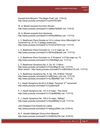 MUSIC LEARNER’S MATERIAL
GRADE 9
Unit 2
C l a s s i c a l M u s i c Page 67
Excerpt from Mozart's "The Magic Flute" (ret. 11/5/13)
http://www.youtube.com/watch?v=pc4VT0CId54
W. A. Mozart excerpts from Don Giovani
http://www.youtube.com/watch?v=w08bx7NZ62E (ret, 11/513)
W. A. Mozart exceprts from Idomeneo
http://www.youtube.com/watch?v=AHK4yfM54eo (ret. 11/7/13)
L. V. Beethoven Piano Sonata no 14 in c sharp minor (Moonlight) 1st
movement op. 27 no. 2 (adagio sostenuto)
http://www.youtube.com/watch?v=YmVCcF42f-0 (ret. 11/7/13)
L. V. Beethoven Piano Concerto no. 1 in C major op. 15
http://www.youtube.com/watch?v=SFfUcQQbwsE (ret. 11/7/13)
L. V. Beethoven Piano Concerto no. 5 “Emperor” in E flat major op. 73
http://www.youtube.com/watch?v=zYl6iI4l9gA (ret. 11/7/13)
L. V. Beethoven Symphony No. 5, Op. 67, C Minor
http://www.youtube.com/watch?v=FqvLfMigm3I (ret. 11/7/13)
Rock version - http://www.youtube.com/watch?v=c9EICNAvc1Q (ret. 11/7/13)
L. V. Beethoven Symphony No. 9, Op. 125, D Minor “Choral”
http://www.youtube.com/watch?v=w6E3xem_c2w (ret. 11/7/13)
http://www.youtube.com/watch?v=Iq-3B6xfNpY (ret. 11/7/13)
F.J. Haydn Symphony No.94 in G Major "Surprise” 2nd
movement
http://www.youtube.com/watch?v=lLjwkamp3lI
F. J. Haydn Symphony No. 101 in D major, “The Clock”
http://www.youtube.com/watch?v=i1L6p4B2hBs (ret. 11/7/13)
F. J. Haydn Symphony No. 100 in G major, “Military”
http://www.youtube.com/watch?v=lGyGBRXfy10 (ret. 11/7/13)
John Dowland Fine Knacks for Ladies
http://www.youtube.com/watch?v=dabqyiJZN0c (ret. 2/19/14)
G. F. Handel Hallelujah Chorus from Messiah
http://www.youtube.com/watch?v=IUZEtVbJT5c (ret. 2/19/14)
 