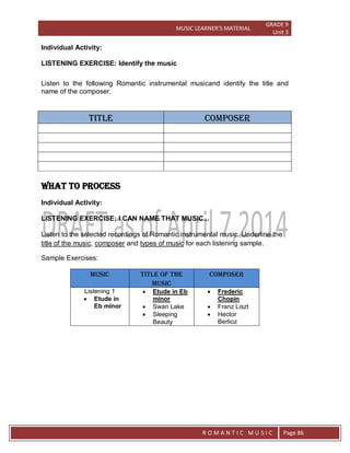 MUSIC LEARNER’S MATERIAL
GRADE 9
Unit 3
RO
R O M A N T I C M U S I C Page 86
Individual Activity:
LISTENING EXERCISE: Identify the music
Listen to the following Romantic instrumental musicand identify the title and
name of the composer.
Title composer
WHAT TO PROCESS
Individual Activity:
LISTENING EXERCISE: I CAN NAME THAT MUSIC...
Listen to the selected recordings of Romantic instrumental music. Underline the
title of the music, composer and types of music for each listening sample.
Sample Exercises:
music Title of the
music
composer
Listening 1
 Etude in
Eb minor
 Etude in Eb
minor
 Swan Lake
 Sleeping
Beauty
 Frederic
Chopin
 Franz Liszt
 Hector
Berlioz
 