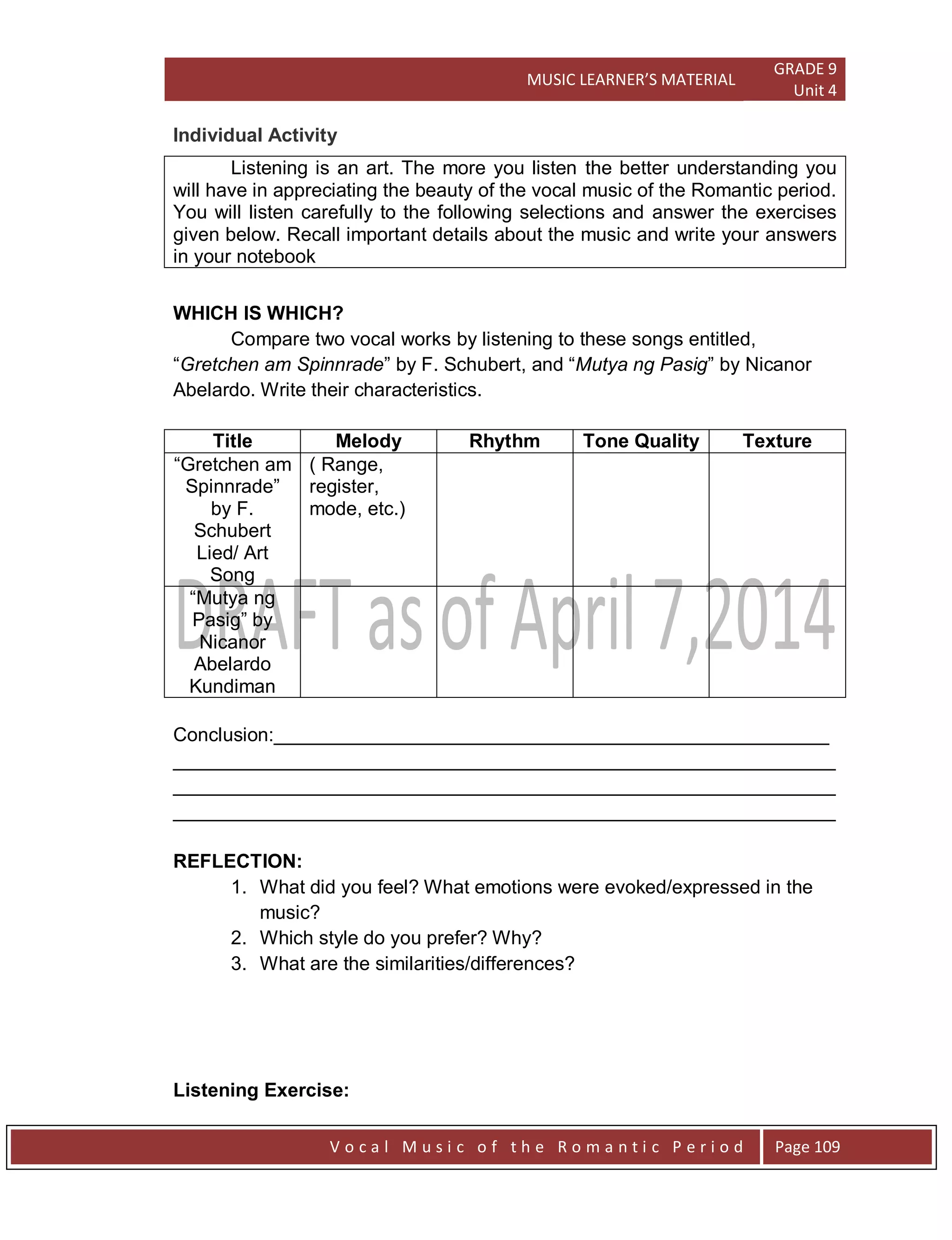 MUSIC LEARNER’S MATERIAL
GRADE 9
Unit 4
V o c a l M u s i c o f t h e R o m a n t i c P e r i o d Page 109
Individual Activity
Listening is an art. The more you listen the better understanding you
will have in appreciating the beauty of the vocal music of the Romantic period.
You will listen carefully to the following selections and answer the exercises
given below. Recall important details about the music and write your answers
in your notebook
WHICH IS WHICH?
Compare two vocal works by listening to these songs entitled,
“Gretchen am Spinnrade” by F. Schubert, and “Mutya ng Pasig” by Nicanor
Abelardo. Write their characteristics.
Title Melody Rhythm Tone Quality Texture
“Gretchen am
Spinnrade”
by F.
Schubert
Lied/ Art
Song
( Range,
register,
mode, etc.)
“Mutya ng
Pasig” by
Nicanor
Abelardo
Kundiman
Conclusion:____________________________________________________
______________________________________________________________
______________________________________________________________
______________________________________________________________
REFLECTION:
1. What did you feel? What emotions were evoked/expressed in the
music?
2. Which style do you prefer? Why?
3. What are the similarities/differences?
Listening Exercise:
 