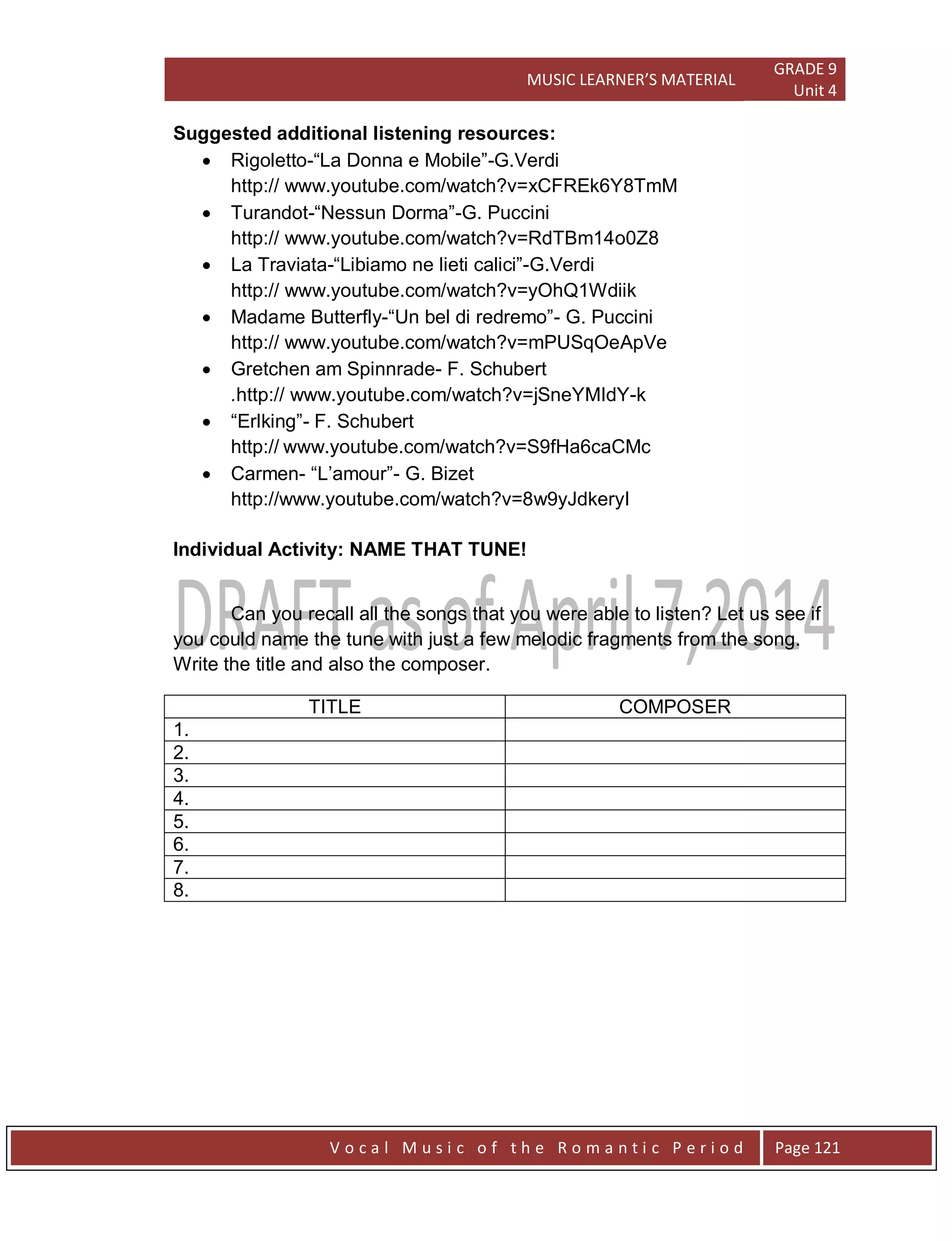 MUSIC LEARNER’S MATERIAL
GRADE 9
Unit 4
V o c a l M u s i c o f t h e R o m a n t i c P e r i o d Page 121
Suggested additional listening resources:
 Rigoletto-“La Donna e Mobile”-G.Verdi
http:// www.youtube.com/watch?v=xCFREk6Y8TmM
 Turandot-“Nessun Dorma”-G. Puccini
http:// www.youtube.com/watch?v=RdTBm14o0Z8
 La Traviata-“Libiamo ne lieti calici”-G.Verdi
http:// www.youtube.com/watch?v=yOhQ1Wdiik
 Madame Butterfly-“Un bel di redremo”- G. Puccini
http:// www.youtube.com/watch?v=mPUSqOeApVe
 Gretchen am Spinnrade- F. Schubert
.http:// www.youtube.com/watch?v=jSneYMIdY-k
 “Erlking”- F. Schubert
http:// www.youtube.com/watch?v=S9fHa6caCMc
 Carmen- “L‟amour”- G. Bizet
http://www.youtube.com/watch?v=8w9yJdkeryI
Individual Activity: NAME THAT TUNE!
Can you recall all the songs that you were able to listen? Let us see if
you could name the tune with just a few melodic fragments from the song.
Write the title and also the composer.
TITLE COMPOSER
1.
2.
3.
4.
5.
6.
7.
8.
 