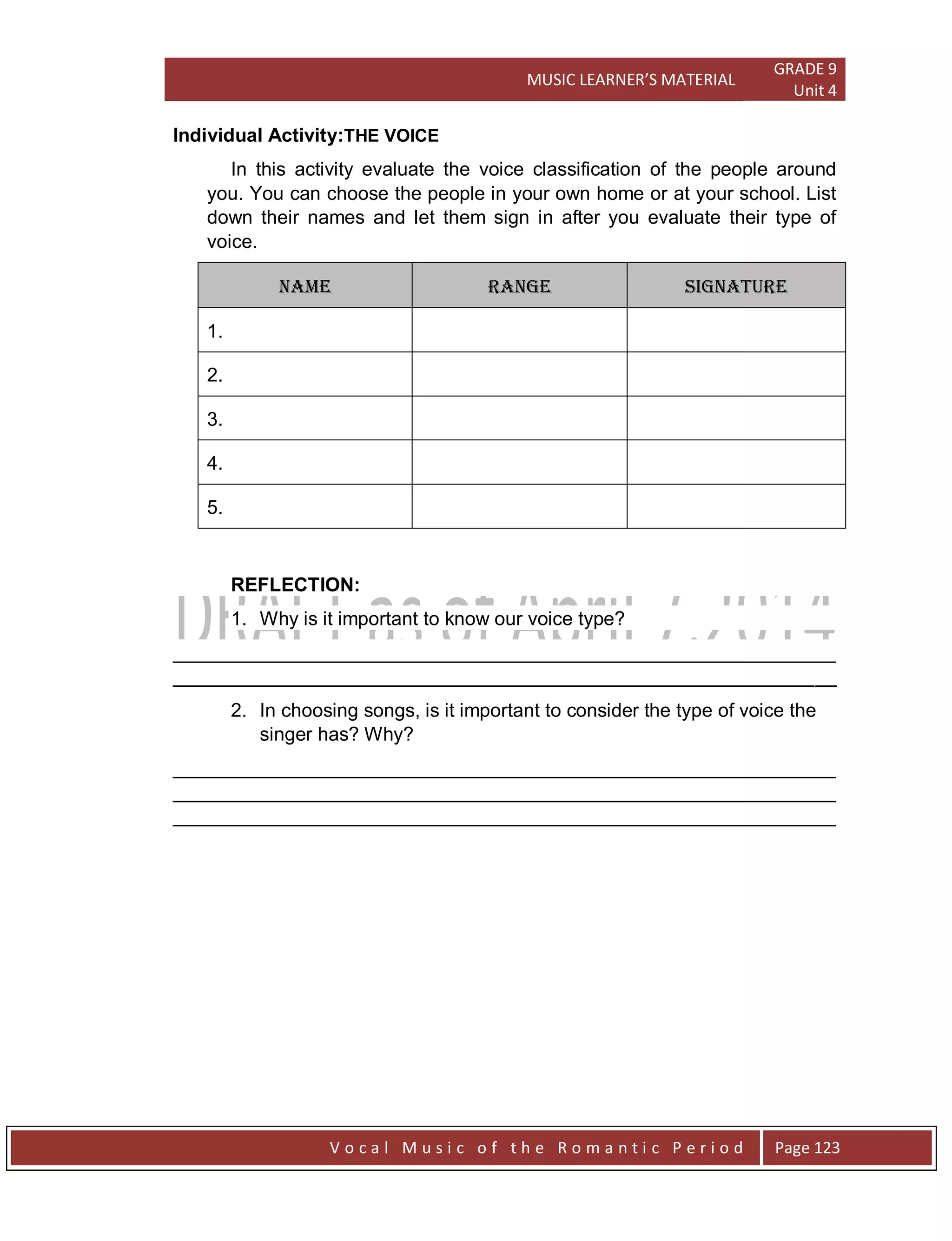 MUSIC LEARNER’S MATERIAL
GRADE 9
Unit 4
V o c a l M u s i c o f t h e R o m a n t i c P e r i o d Page 123
Individual Activity:THE VOICE
In this activity evaluate the voice classification of the people around
you. You can choose the people in your own home or at your school. List
down their names and let them sign in after you evaluate their type of
voice.
NAME RANGE SIGNATURE
1.
2.
3.
4.
5.
REFLECTION:
1. Why is it important to know our voice type?
______________________________________________________________
______________________________________________________________
2. In choosing songs, is it important to consider the type of voice the
singer has? Why?
______________________________________________________________
______________________________________________________________
______________________________________________________________
 
