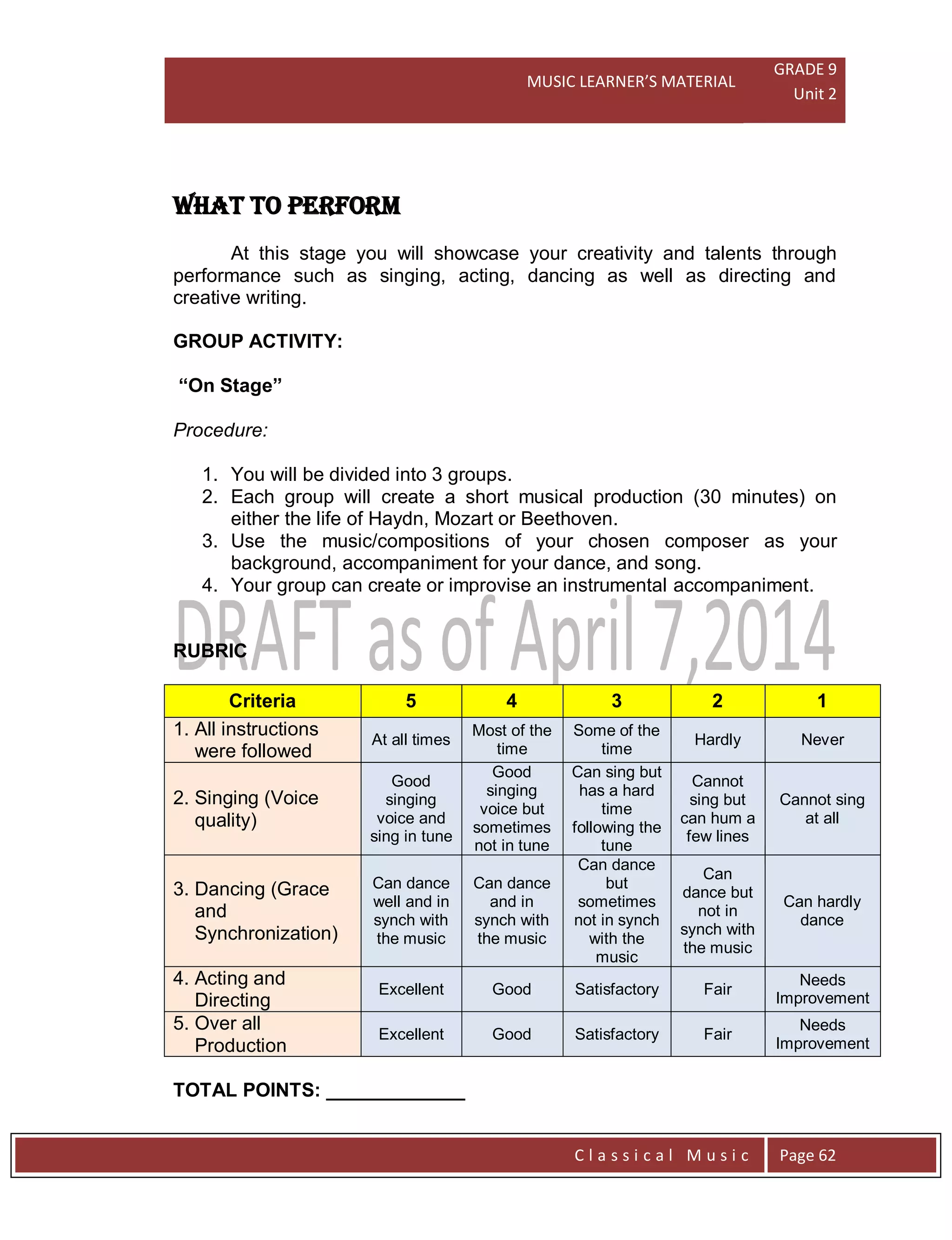MUSIC LEARNER’S MATERIAL
GRADE 9
Unit 2
C l a s s i c a l M u s i c Page 62
WHAT TO PERFORM
At this stage you will showcase your creativity and talents through
performance such as singing, acting, dancing as well as directing and
creative writing.
GROUP ACTIVITY:
“On Stage”
Procedure:
1. You will be divided into 3 groups.
2. Each group will create a short musical production (30 minutes) on
either the life of Haydn, Mozart or Beethoven.
3. Use the music/compositions of your chosen composer as your
background, accompaniment for your dance, and song.
4. Your group can create or improvise an instrumental accompaniment.
RUBRIC
Criteria 5 4 3 2 1
1. All instructions
were followed
At all times
Most of the
time
Some of the
time
Hardly Never
2. Singing (Voice
quality)
Good
singing
voice and
sing in tune
Good
singing
voice but
sometimes
not in tune
Can sing but
has a hard
time
following the
tune
Cannot
sing but
can hum a
few lines
Cannot sing
at all
3. Dancing (Grace
and
Synchronization)
Can dance
well and in
synch with
the music
Can dance
and in
synch with
the music
Can dance
but
sometimes
not in synch
with the
music
Can
dance but
not in
synch with
the music
Can hardly
dance
4. Acting and
Directing
Excellent Good Satisfactory Fair
Needs
Improvement
5. Over all
Production
Excellent Good Satisfactory Fair
Needs
Improvement
TOTAL POINTS: _____________
 
