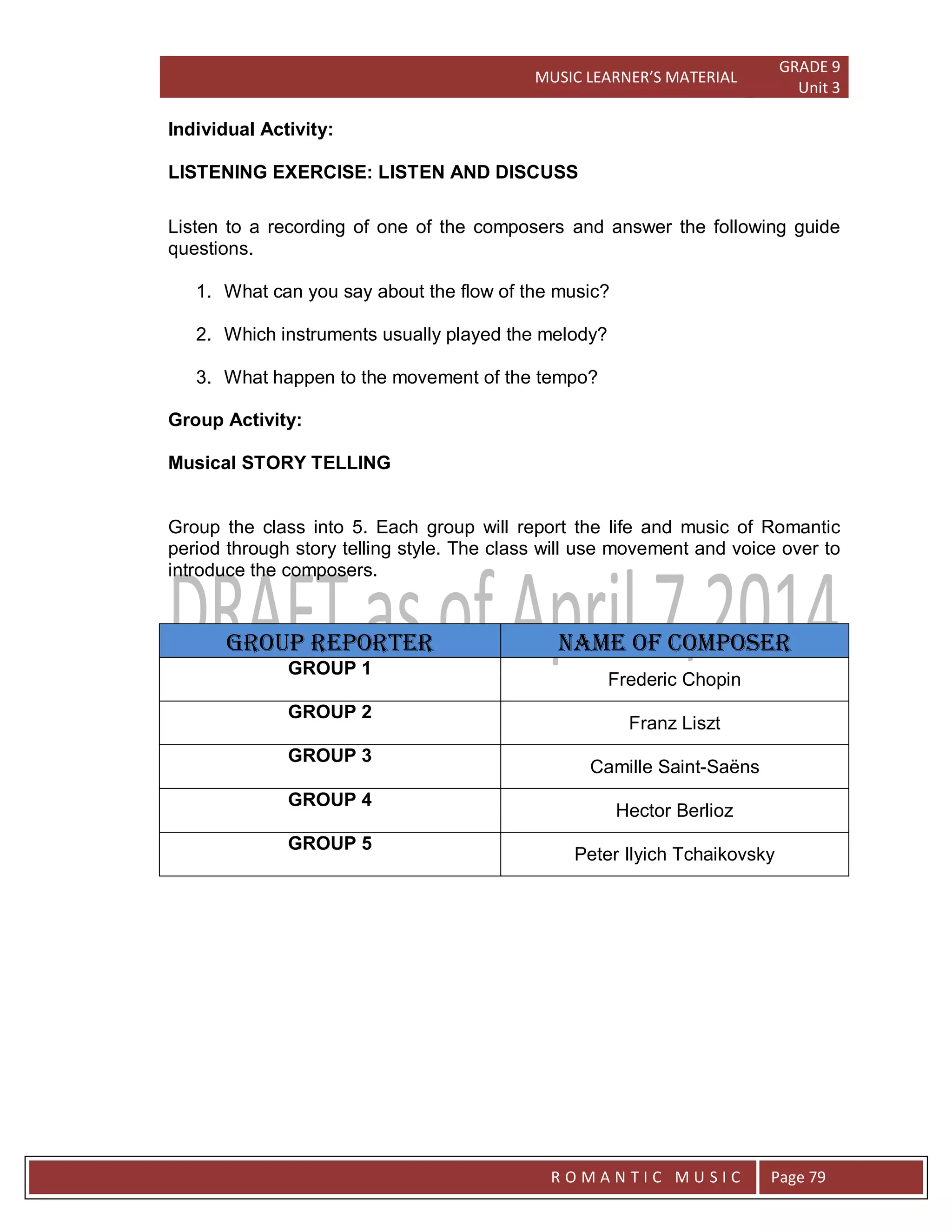 MUSIC LEARNER’S MATERIAL
GRADE 9
Unit 3
RO
R O M A N T I C M U S I C Page 79
Individual Activity:
LISTENING EXERCISE: LISTEN AND DISCUSS
Listen to a recording of one of the composers and answer the following guide
questions.
1. What can you say about the flow of the music?
2. Which instruments usually played the melody?
3. What happen to the movement of the tempo?
Group Activity:
Musical STORY TELLING
Group the class into 5. Each group will report the life and music of Romantic
period through story telling style. The class will use movement and voice over to
introduce the composers.
GROUP REPORTER NAME OF COMPOSER
GROUP 1
Frederic Chopin
GROUP 2
Franz Liszt
GROUP 3
Camille Saint-Saëns
GROUP 4
Hector Berlioz
GROUP 5
Peter Ilyich Tchaikovsky
 