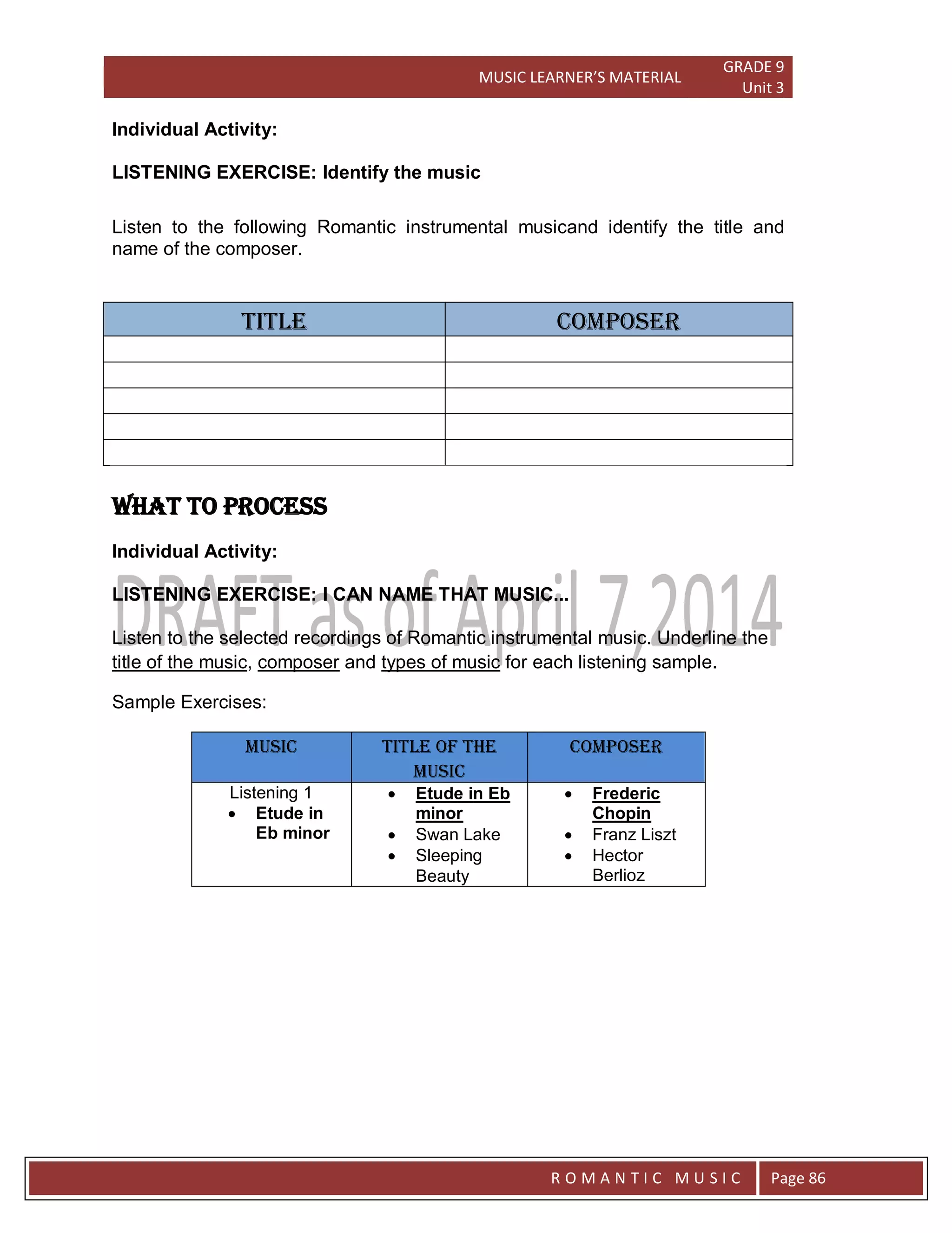MUSIC LEARNER’S MATERIAL
GRADE 9
Unit 3
RO
R O M A N T I C M U S I C Page 86
Individual Activity:
LISTENING EXERCISE: Identify the music
Listen to the following Romantic instrumental musicand identify the title and
name of the composer.
Title composer
WHAT TO PROCESS
Individual Activity:
LISTENING EXERCISE: I CAN NAME THAT MUSIC...
Listen to the selected recordings of Romantic instrumental music. Underline the
title of the music, composer and types of music for each listening sample.
Sample Exercises:
music Title of the
music
composer
Listening 1
 Etude in
Eb minor
 Etude in Eb
minor
 Swan Lake
 Sleeping
Beauty
 Frederic
Chopin
 Franz Liszt
 Hector
Berlioz
 