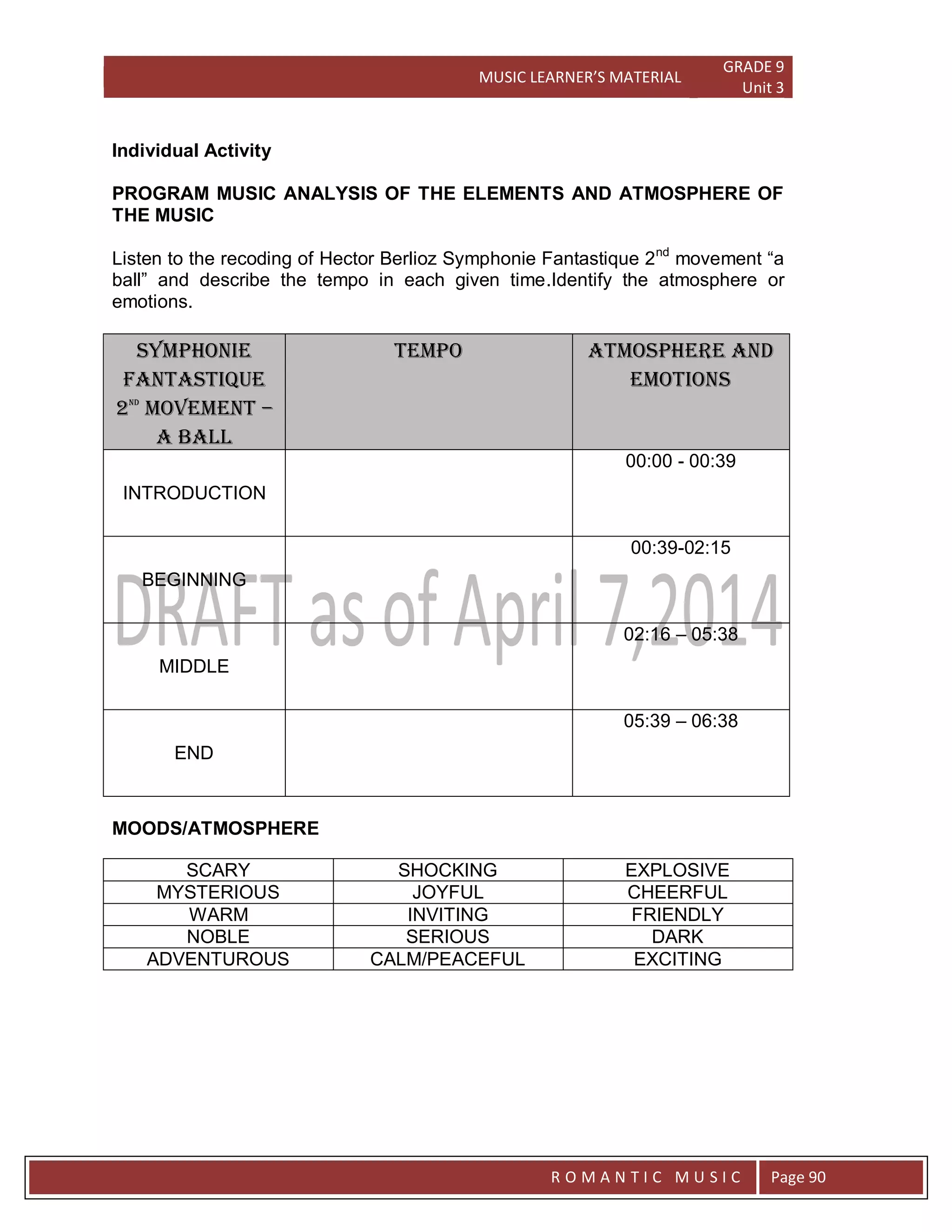 MUSIC LEARNER’S MATERIAL
GRADE 9
Unit 3
RO
R O M A N T I C M U S I C Page 90
Individual Activity
PROGRAM MUSIC ANALYSIS OF THE ELEMENTS AND ATMOSPHERE OF
THE MUSIC
Listen to the recoding of Hector Berlioz Symphonie Fantastique 2nd
movement “a
ball” and describe the tempo in each given time.Identify the atmosphere or
emotions.
Symphonie
Fantastique
2nd
movement –
a ball
TEMPO ATMOSPHERE AND
EMOTIONS
INTRODUCTION
00:00 - 00:39
BEGINNING
00:39-02:15
MIDDLE
02:16 – 05:38
END
05:39 – 06:38
MOODS/ATMOSPHERE
SCARY SHOCKING EXPLOSIVE
MYSTERIOUS JOYFUL CHEERFUL
WARM INVITING FRIENDLY
NOBLE SERIOUS DARK
ADVENTUROUS CALM/PEACEFUL EXCITING
 