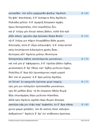 Ἐπιμέλεια κειμένου Ἰωάννης Καραδημητρόπουλος σελίς 10 ἐκ 81
γείνασθαι· νῦν αὖτε μαχώμεθα φαίδιμ’ Ἀχιλλεῦ. Φ 160
Ὣς φάτ’ ἀπειλήσας, ὃ δ’ ἀνέσχετο δῖος Ἀχιλλεὺς
Πηλιάδα μελίην· ὃ δ’ ἁμαρτῇ δούρασιν ἀμφὶς
ἥρως Ἀστεροπαῖος, ἐπεὶ περιδέξιος ἦεν.
καί ῥ’ ἑτέρῳ μὲν δουρὶ σάκος βάλεν, οὐδὲ διὰ πρὸ
ῥῆξε σάκος· χρυσὸς γὰρ ἐρύκακε δῶρα θεοῖο· Φ 165
τῷ δ’ ἑτέρῳ μιν πῆχυν ἐπιγράβδην βάλε χειρὸς
δεξιτερῆς, σύτο δ’ αἷμα κελαινεφές· ἣ δ’ ὑπὲρ αὐτοῦ
γαίῃ ἐνεστήρικτο λιλαιομένη χροὸς ἆσαι.
δεύτερος αὖτ’ Ἀχιλεὺς μελίην ἰθυπτίωνα
Ἀστεροπαίῳ ἐφῆκε κατακτάμεναι μενεαίνων. Φ 170
καὶ τοῦ μέν ῥ’ ἀφάμαρτεν, ὃ δ’ ὑψηλὴν βάλεν ὄχθην,
μεσσοπαγὲς δ’ ἄρ’ ἔθηκε κατ’ ὄχθης μείλινον ἔγχος.
Πηλεΐδης δ’ ἄορ ὀξὺ ἐρυσσάμενος παρὰ μηροῦ
ἆλτ’ ἐπί οἱ μεμαώς· ὃ δ’ ἄρα μελίην Ἀχιλῆος
οὐ δύνατ’ ἐκ κρημνοῖο ἐρύσσαι χειρὶ παχείῃ. Φ 175
τρὶς μέν μιν πελέμιξεν ἐρύσσασθαι μενεαίνων,
τρὶς δὲ μεθῆκε βίης· τὸ δὲ τέτρατον ἤθελε θυμῷ
ἆξαι ἐπιγνάμψας δόρυ μείλινον Αἰακίδαο,
ἀλλὰ πρὶν Ἀχιλεὺς σχεδὸν ἄορι θυμὸν ἀπηύρα.
γαστέρα γάρ μιν τύψε παρ’ ὀμφαλόν, ἐκ δ’ ἄρα πᾶσαι Φ 180
χύντο χαμαὶ χολάδες· τὸν δὲ σκότος ὄσσε κάλυψεν
ἀσθμαίνοντ’· Ἀχιλεὺς δ’ ἄρ’ ἐνὶ στήθεσσιν ὀρούσας
 