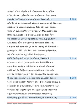 Ἐπιμέλεια κειμένου Ἰωάννης Καραδημητρόπουλος σελίς 11 ἐκ 81
τεύχεά τ’ ἐξενάριξε καὶ εὐχόμενος ἔπος ηὔδα·
κεῖσ’ οὕτως· χαλεπόν τοι ἐρισθενέος Κρονίωνος
παισὶν ἐριζέμεναι ποταμοῖό περ ἐκγεγαῶτι. Φ 185
φῆσθα σὺ μὲν ποταμοῦ γένος ἔμμεναι εὐρὺ ῥέοντος,
αὐτὰρ ἐγὼ γενεὴν μεγάλου Διὸς εὔχομαι εἶναι.
τίκτέ μ’ ἀνὴρ πολλοῖσιν ἀνάσσων Μυρμιδόνεσσι
Πηλεὺς Αἰακίδης· ὃ δ’ ἄρ’ Αἰακὸς ἐκ Διὸς ἦεν.
τὼ κρείσσων μὲν Ζεὺς ποταμῶν ἁλιμυρηέντων, Φ 190
κρείσσων αὖτε Διὸς γενεὴ ποταμοῖο τέτυκται.
καὶ γὰρ σοὶ ποταμός γε πάρα μέγας, εἰ δύναταί τι
χραισμεῖν· ἀλλ’ οὐκ ἔστι Διὶ Κρονίωνι μάχεσθαι,
τῷ οὐδὲ κρείων Ἀχελώϊος ἰσοφαρίζει,
οὐδὲ βαθυῤῥείταο μέγα σθένος Ὠκεανοῖο, Φ 195
ἐξ οὗ περ πάντες ποταμοὶ καὶ πᾶσα θάλασσα
καὶ πᾶσαι κρῆναι καὶ φρείατα μακρὰ νάουσιν·
ἀλλὰ καὶ ὃς δείδοικε Διὸς μεγάλοιο κεραυνὸν
δεινήν τε βροντήν, ὅτ’ ἀπ’ οὐρανόθεν σμαραγήσῃ.
Ἦ ῥα, καὶ ἐκ κρημνοῖο ἐρύσσατο χάλκεον ἔγχος, Φ 200
τὸν δὲ κατ’ αὐτόθι λεῖπεν, ἐπεὶ φίλον ἦτορ ἀπηύρα,
κείμενον ἐν ψαμάθοισι, δίαινε δέ μιν μέλαν ὕδωρ.
τὸν μὲν ἄρ’ ἐγχέλυές τε καὶ ἰχθύες ἀμφεπένοντο
δημὸν ἐρεπτόμενοι ἐπινεφρίδιον κείροντες·
αὐτὰρ ὃ βῆ ῥ’ ἰέναι μετὰ Παίονας ἱπποκορυστάς, Φ 205
 