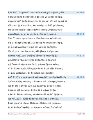 Ἐπιμέλεια κειμένου Ἰωάννης Καραδημητρόπουλος σελίς 25 ἐκ 81
ἣ δ’ ἄρ’ Ὄλυμπον ἵκανε Διὸς ποτὶ χαλκοβατὲς δῶ, Φ 505
δακρυόεσσα δὲ πατρὸς ἐφέζετο γούνασι κούρη,
ἀμφὶ δ’ ἄρ’ ἀμβρόσιος ἑανὸς τρέμε· τὴν δὲ προτὶ οἷ
εἷλε πατὴρ Κρονίδης, καὶ ἀνείρετο ἡδὺ γελάσσας·
τίς νύ σε τοιάδ’ ἔρεξε φίλον τέκος Οὐρανιώνων
μαψιδίως, ὡς εἴ τι κακὸν ῥέζουσαν ἐνωπῇ; Φ 510
Τὸν δ’ αὖτε προσέειπεν ἐϋστέφανος κελαδεινή·
σή μ’ ἄλοχος στυφέλιξε πάτερ λευκώλενος Ἥρη,
ἐξ ἧς ἀθανάτοισιν ἔρις καὶ νεῖκος ἐφῆπται.
Ὣς οἳ μὲν τοιαῦτα πρὸς ἀλλήλους ἀγόρευον·
αὐτὰρ Ἀπόλλων Φοῖβος ἐδύσετο Ἴλιον ἱρήν· Φ 515
μέμβλετο γάρ οἱ τεῖχος ἐϋδμήτοιο πόληος
μὴ Δαναοὶ πέρσειαν ὑπὲρ μόρον ἤματι κείνῳ.
οἳ δ’ ἄλλοι πρὸς Ὄλυμπον ἴσαν θεοὶ αἰὲν ἐόντες,
οἳ μὲν χωόμενοι, οἳ δὲ μέγα κυδιόωντες·
κὰδ δ’ ἷζον παρὰ πατρὶ κελαινεφεῖ· αὐτὰρ Ἀχιλλεὺς Φ 520
Τρῶας ὁμῶς αὐτούς τ’ ὄλεκεν καὶ μώνυχας ἵππους.
ὡς δ’ ὅτε καπνὸς ἰὼν εἰς οὐρανὸν εὐρὺν ἵκηται
ἄστεος αἰθομένοιο, θεῶν δέ ἑ μῆνις ἀνῆκε,
πᾶσι δ’ ἔθηκε πόνον, πολλοῖσι δὲ κήδε’ ἐφῆκεν,
ὣς Ἀχιλεὺς Τρώεσσι πόνον καὶ κήδε’ ἔθηκεν. Φ 525
Ἑστήκει δ’ ὃ γέρων Πρίαμος θείου ἐπὶ πύργου,
ἐς δ’ ἐνόησ’ Ἀχιλῆα πελώριον· αὐτὰρ ὑπ’ αὐτοῦ
 