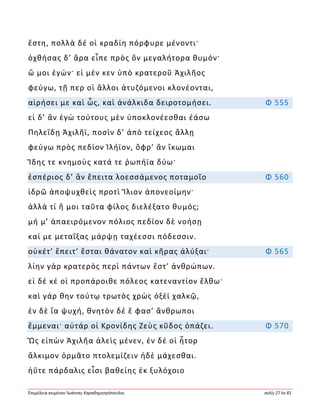 Ἐπιμέλεια κειμένου Ἰωάννης Καραδημητρόπουλος σελίς 27 ἐκ 81
ἔστη, πολλὰ δέ οἱ κραδίη πόρφυρε μένοντι·
ὀχθήσας δ’ ἄρα εἶπε πρὸς ὃν μεγαλήτορα θυμόν·
ὤ μοι ἐγών· εἰ μέν κεν ὑπὸ κρατεροῦ Ἀχιλῆος
φεύγω, τῇ περ οἱ ἄλλοι ἀτυζόμενοι κλονέονται,
αἱρήσει με καὶ ὧς, καὶ ἀνάλκιδα δειροτομήσει. Φ 555
εἰ δ’ ἂν ἐγὼ τούτους μὲν ὑποκλονέεσθαι ἐάσω
Πηλεΐδῃ Ἀχιλῆϊ, ποσὶν δ’ ἀπὸ τείχεος ἄλλῃ
φεύγω πρὸς πεδίον Ἰλήϊον, ὄφρ’ ἂν ἵκωμαι
Ἴδης τε κνημοὺς κατά τε ῥωπήϊα δύω·
ἑσπέριος δ’ ἂν ἔπειτα λοεσσάμενος ποταμοῖο Φ 560
ἱδρῶ ἀποψυχθεὶς προτὶ Ἴλιον ἀπονεοίμην·
ἀλλὰ τί ἤ μοι ταῦτα φίλος διελέξατο θυμός;
μή μ’ ἀπαειρόμενον πόλιος πεδίον δὲ νοήσῃ
καί με μεταΐξας μάρψῃ ταχέεσσι πόδεσσιν.
οὐκέτ’ ἔπειτ’ ἔσται θάνατον καὶ κῆρας ἀλύξαι· Φ 565
λίην γὰρ κρατερὸς περὶ πάντων ἔστ’ ἀνθρώπων.
εἰ δέ κέ οἱ προπάροιθε πόλεος κατεναντίον ἔλθω·
καὶ γάρ θην τούτῳ τρωτὸς χρὼς ὀξέϊ χαλκῷ,
ἐν δὲ ἴα ψυχή, θνητὸν δέ ἕ φασ’ ἄνθρωποι
ἔμμεναι· αὐτάρ οἱ Κρονίδης Ζεὺς κῦδος ὀπάζει. Φ 570
Ὣς εἰπὼν Ἀχιλῆα ἀλεὶς μένεν, ἐν δέ οἱ ἦτορ
ἄλκιμον ὁρμᾶτο πτολεμίζειν ἠδὲ μάχεσθαι.
ἠΰτε πάρδαλις εἶσι βαθείης ἐκ ξυλόχοιο
 