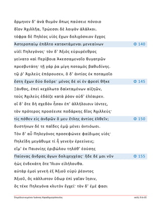 Ἐπιμέλεια κειμένου Ἰωάννης Καραδημητρόπουλος σελίς 9 ἐκ 81
ὅρμηνεν δ’ ἀνὰ θυμὸν ὅπως παύσειε πόνοιο
δῖον Ἀχιλλῆα, Τρώεσσι δὲ λοιγὸν ἀλάλκοι.
τόφρα δὲ Πηλέος υἱὸς ἔχων δολιχόσκιον ἔγχος
Ἀστεροπαίῳ ἐπᾶλτο κατακτάμεναι μενεαίνων Φ 140
υἱέϊ Πηλεγόνος· τὸν δ’ Ἀξιὸς εὐρυρέεθρος
γείνατο καὶ Περίβοια Ἀκεσσαμενοῖο θυγατρῶν
πρεσβυτάτη· τῇ γάρ ῥα μίγη ποταμὸς βαθυδίνης.
τῷ ῥ’ Ἀχιλεὺς ἐπόρουσεν, ὃ δ’ ἀντίος ἐκ ποταμοῖο
ἔστη ἔχων δύο δοῦρε· μένος δέ οἱ ἐν φρεσὶ θῆκε Φ 145
Ξάνθος, ἐπεὶ κεχόλωτο δαϊκταμένων αἰζηῶν,
τοὺς Ἀχιλεὺς ἐδάϊζε κατὰ ῥόον οὐδ’ ἐλέαιρεν.
οἳ δ’ ὅτε δὴ σχεδὸν ἦσαν ἐπ’ ἀλλήλοισιν ἰόντες,
τὸν πρότερος προσέειπε ποδάρκης δῖος Ἀχιλλεύς·
τίς πόθεν εἰς ἀνδρῶν ὅ μευ ἔτλης ἀντίος ἐλθεῖν; Φ 150
δυστήνων δέ τε παῖδες ἐμῷ μένει ἀντιόωσι.
Τὸν δ’ αὖ Πηλεγόνος προσεφώνεε φαίδιμος υἱός·
Πηλεΐδη μεγάθυμε τί ἦ γενεὴν ἐρεείνεις;
εἴμ’ ἐκ Παιονίης ἐριβώλου τηλόθ’ ἐούσης
Παίονας ἄνδρας ἄγων δολιχεγχέας· ἥδε δέ μοι νῦν Φ 155
ἠὼς ἑνδεκάτη ὅτε Ἴλιον εἰλήλουθα.
αὐτὰρ ἐμοὶ γενεὴ ἐξ Ἀξιοῦ εὐρὺ ῥέοντος
Ἀξιοῦ, ὃς κάλλιστον ὕδωρ ἐπὶ γαῖαν ἵησιν,
ὃς τέκε Πηλεγόνα κλυτὸν ἔγχεϊ· τὸν δ’ ἐμέ φασι
 