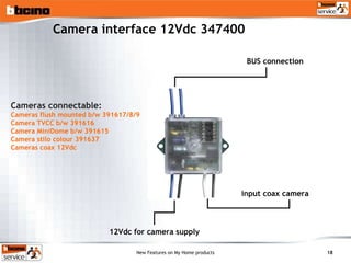 Camera interface 12Vdc 347400 Cameras connectable:  Cameras flush mounted b/w 391617/8/9  Camera TVCC b/w 391616 Camera MiniDome b/w 391615 Camera stilo colour 391637  Cameras coax 12Vdc input coax camera BUS connection 12Vdc for camera supply 