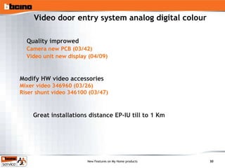 Video door entry system analog digital colour Quality improwed Camera new PCB (03/42) Video unit new display (04/09) Modify HW video accessories  Mixer video 346960 (03/26) Riser shunt video 346100 (03/47) Great installations distance EP-IU till to 1 Km 
