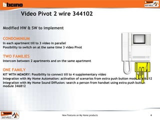 Video Pivot 2 wire 344102 Modified HW & SW to implement CONDOMINIUM In each apartment till to 3 video in parallel Possibility to switch on at the same time 3 video Pivot TWO FAMILIES Intercom between 2 apartments and on the same apartment ONE FAMILY KIT WITH MEMORY: Possibility to connect till to 4 supplementary video  Integration with My Home Automation: activation of scenarios from extra push button module 346812 Integration with My Home Sound Diffusion: search a person from handset using extra push button module 346812 Log 1 