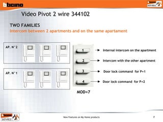 TWO FAMILIES Intercom between 2 apartments and on the same apartament AP. N°2 Internal intercom on the apartment AP. N°1 Intercom with the other apartment Door lock command  for P+1  MOD=7 Door lock command  for P+2  Video Pivot 2 wire 344102 1 2 3 4 