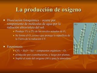La producción de oxígeno Disociación fotoquímica – ocurre por rompimiento de moléculas de agua por la radiación ultravioleta del sol. Produjo 1% a 2% de los niveles actuales de O 2 Se forma el O 3   (ozono)  que protege la superficie de la Tierra de la radiación UV Fotosíntesis CO 2  + H 2 O + luz = compuestos orgánicos + O 2   producido por cyanobacterias, y luego por plantas.  Suplió el resto del oxígeno  (98%)  para la atmósfera.  
