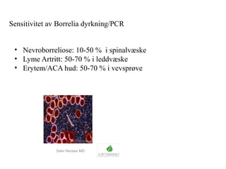 Sensitivitet av Borrelia dyrkning/PCR
• Nevroborreliose: 10-50 % i spinalvæske
• Lyme Artritt: 50-70 % i leddvæske
• Erytem/ACA hud: 50-70 % i vevsprøve
Sølvi Noraas MD
 