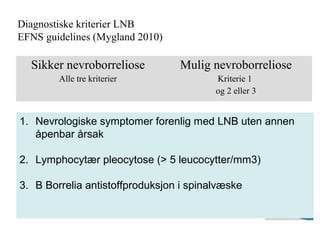 Diagnostiske kriterier LNB
EFNS guidelines (Mygland 2010)
Sikker nevroborreliose
Alle tre kriterier
Mulig nevroborreliose
Kriterie 1
og 2 eller 3
1. Nevrologiske symptomer forenlig med LNB uten annen
åpenbar årsak
2. Lymphocytær pleocytose (> 5 leucocytter/mm3)
3. B Borrelia antistoffproduksjon i spinalvæske
 